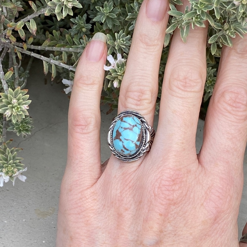 Nordstrom Turquoise RING silver chunky costume jewelry oval boho western 7.5 big